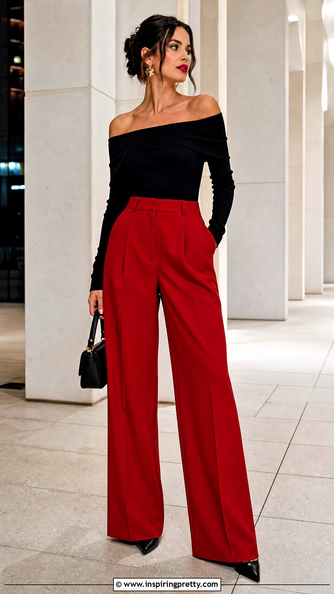 Black Off Shoulder Top With Red Pants - 50 black off shoulder top outfit ideas