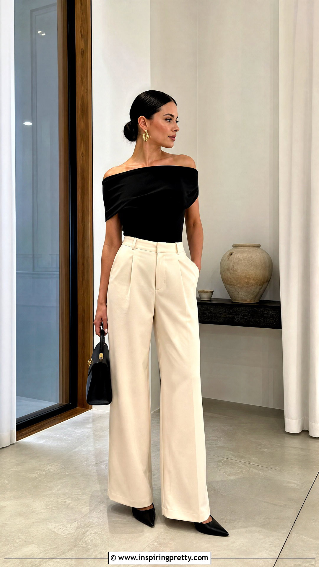 Black Off Shoulder Top With Sleek Low Bun and Trousers - 50 hairstyle for off shoulder top outfit ideas