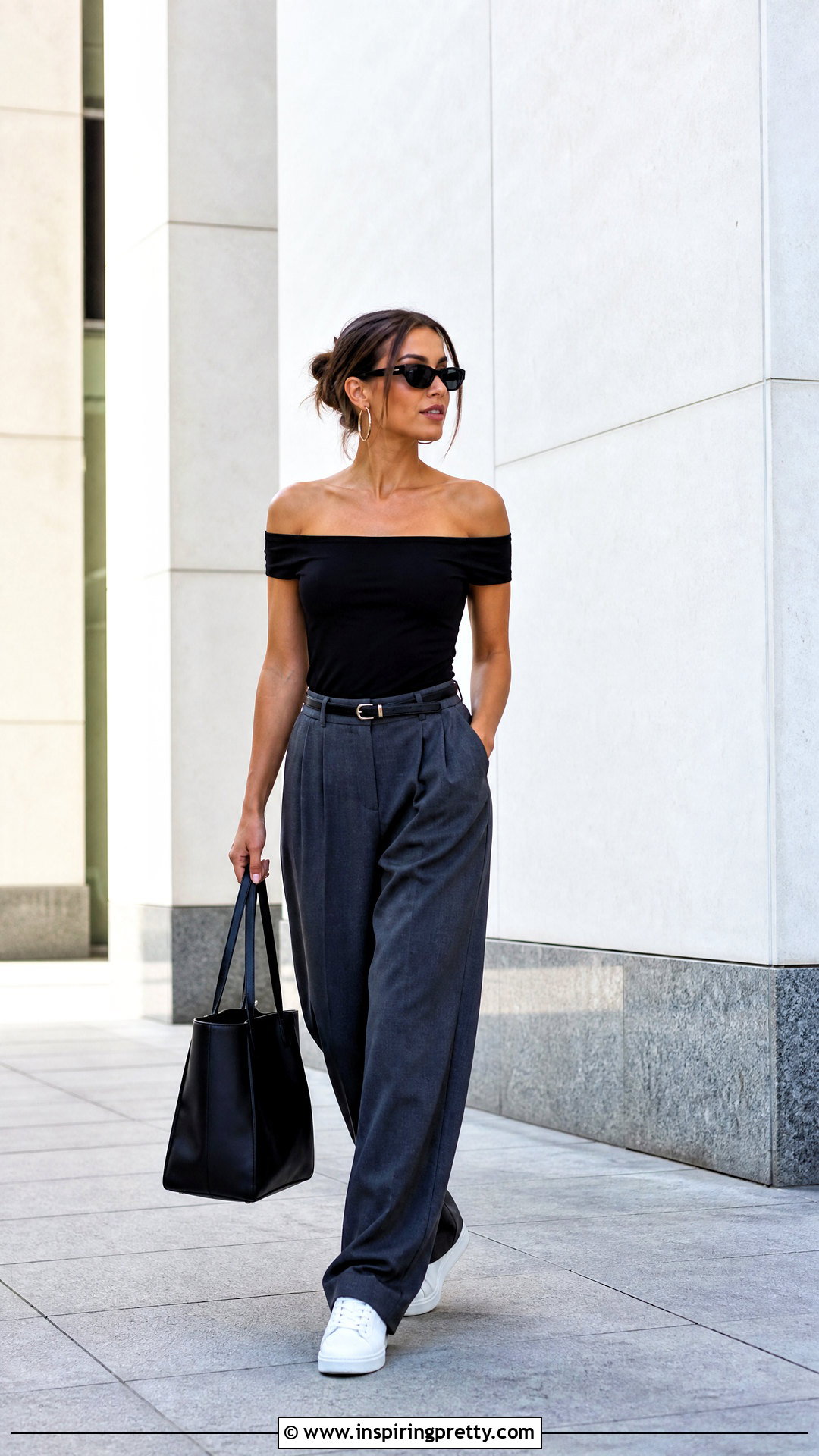 Black Off Shoulder Top With Suit Pants And Sneakers - 50 black off shoulder top outfit ideas