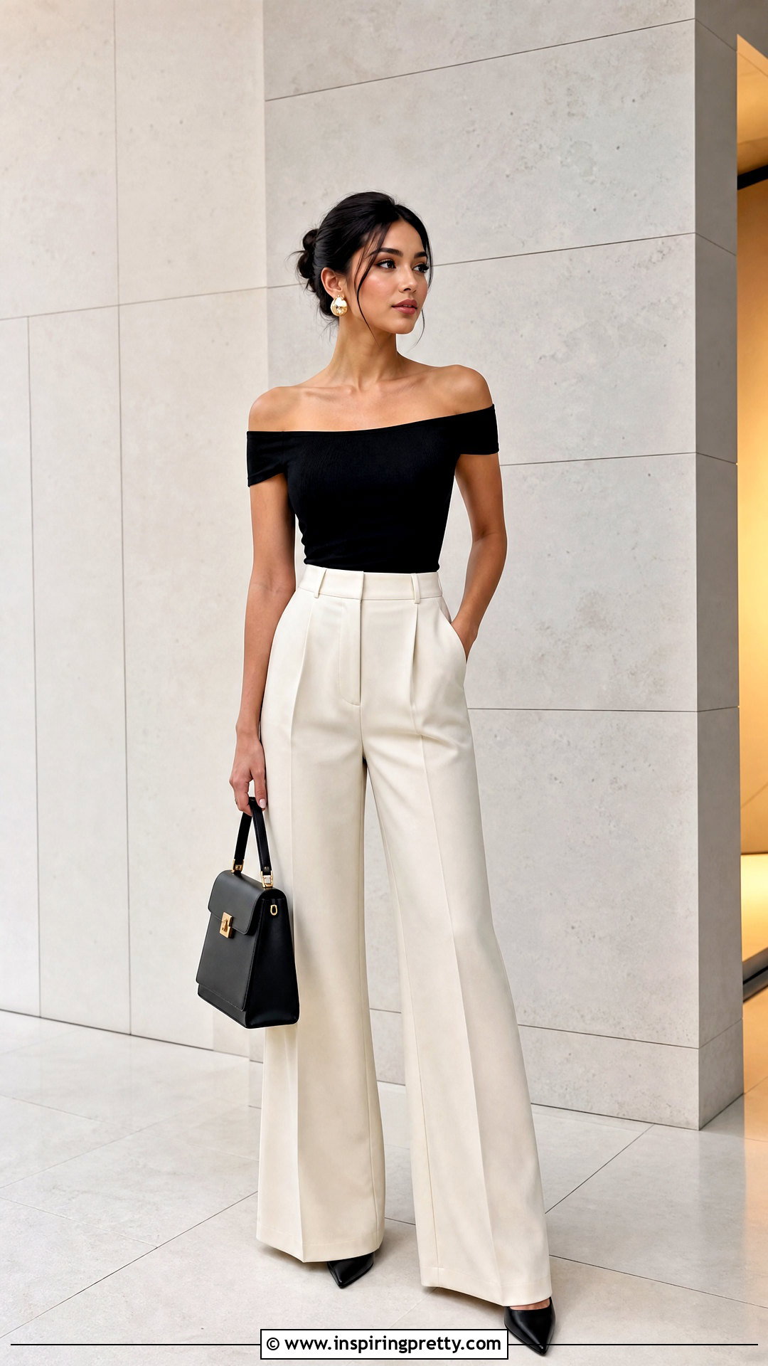 Black Off Shoulder Top With Wide Leg Pants - 50 Off Shoulder Tops outfit ideas