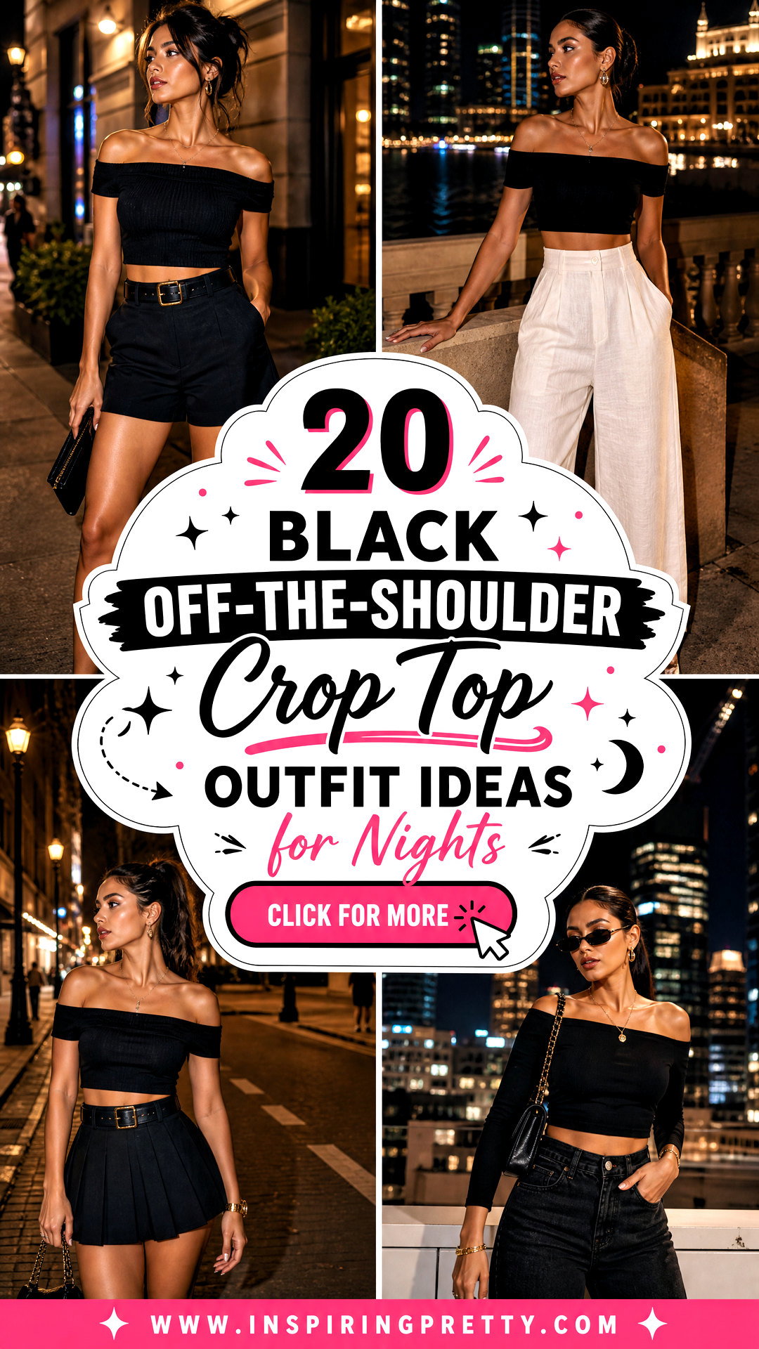 20 Black Off-The-Shoulder Crop Top Outfit Ideas for Nights - 20 Black Off-The-Shoulder Crop Top Outfit Ideas for Nights