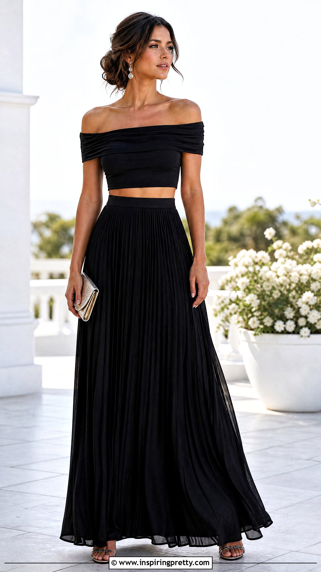 Black Off The Shoulder Crop Top With Black Maxi Skirt - 20 Black Off-The-Shoulder Crop Top outfit ideas