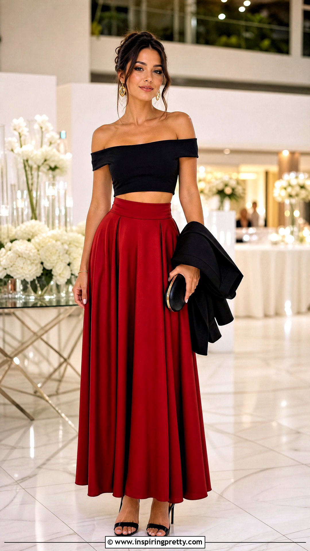 Black Off The Shoulder Crop Top With Red Maxi Skirt - 20 Black Off-The-Shoulder Crop Top outfit ideas