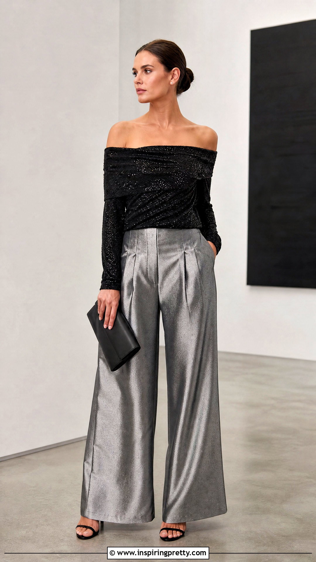 Black Off The Shoulder Sparkly Top With Metallic Trousers - 25 off the shoulder sparkly top outfit ideas