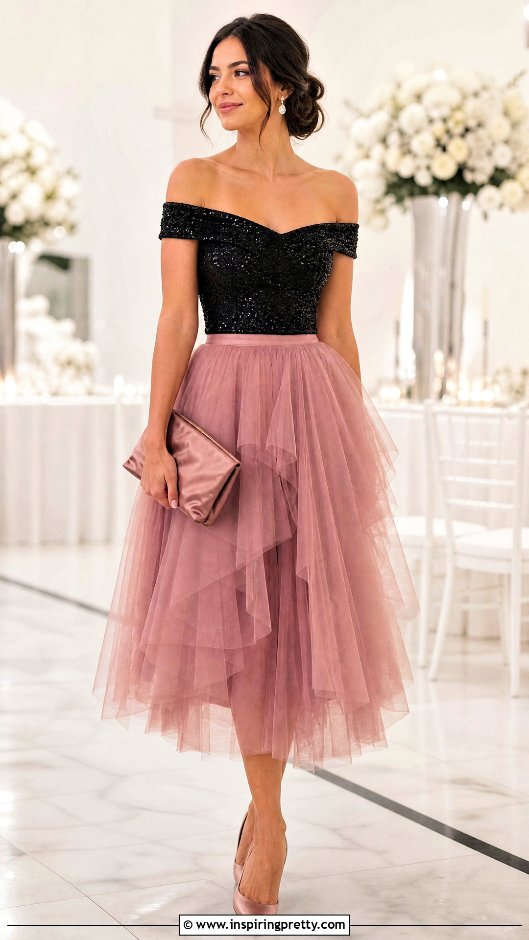 Black Off The Shoulder Sparkly Top With Tulle Midi Skirt - 25 off the shoulder sparkly top outfit ideas