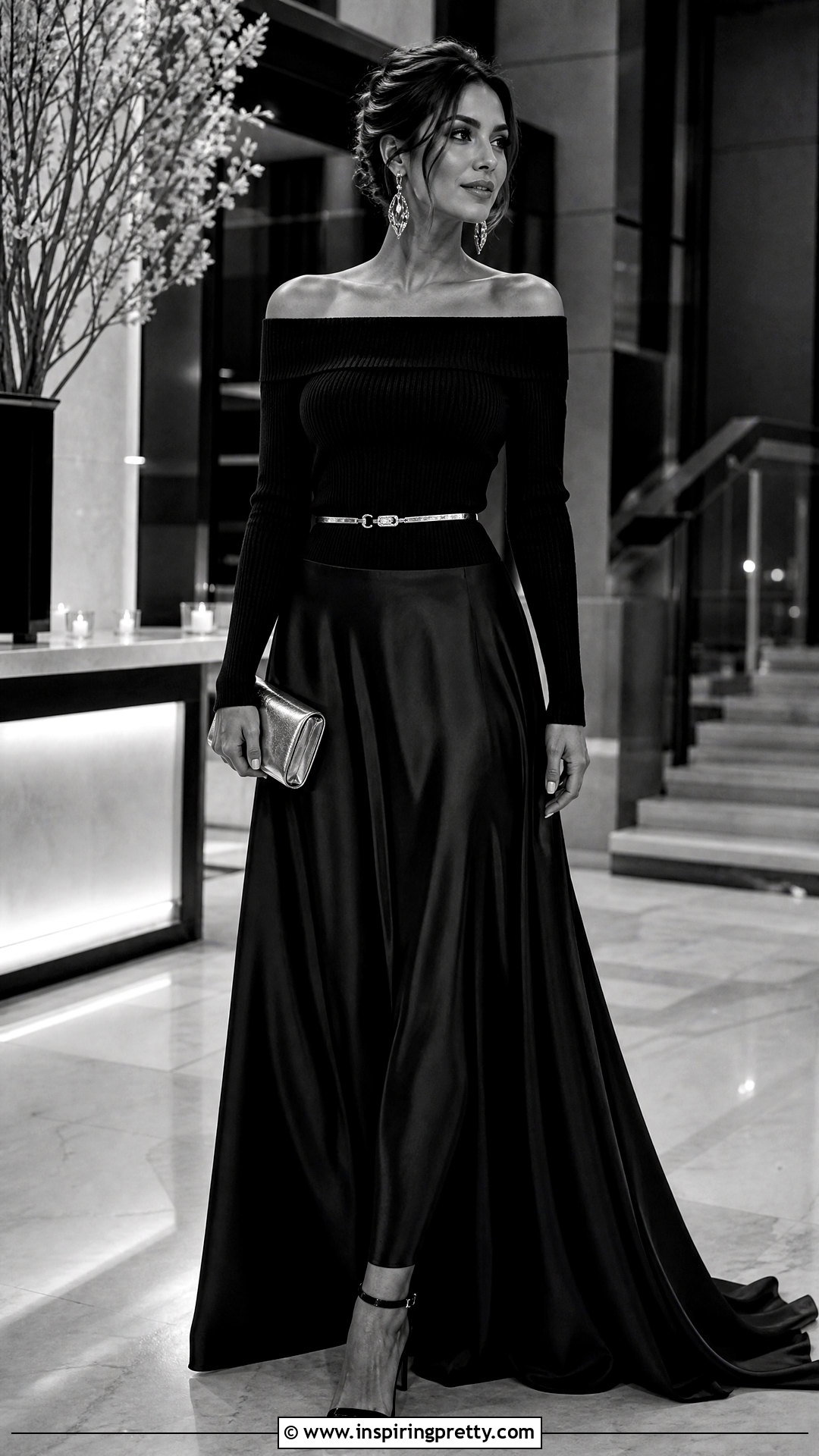 Black Off The Shoulder Top With Black Maxi Skirt - 50 black off the shoulder top outfit ideas