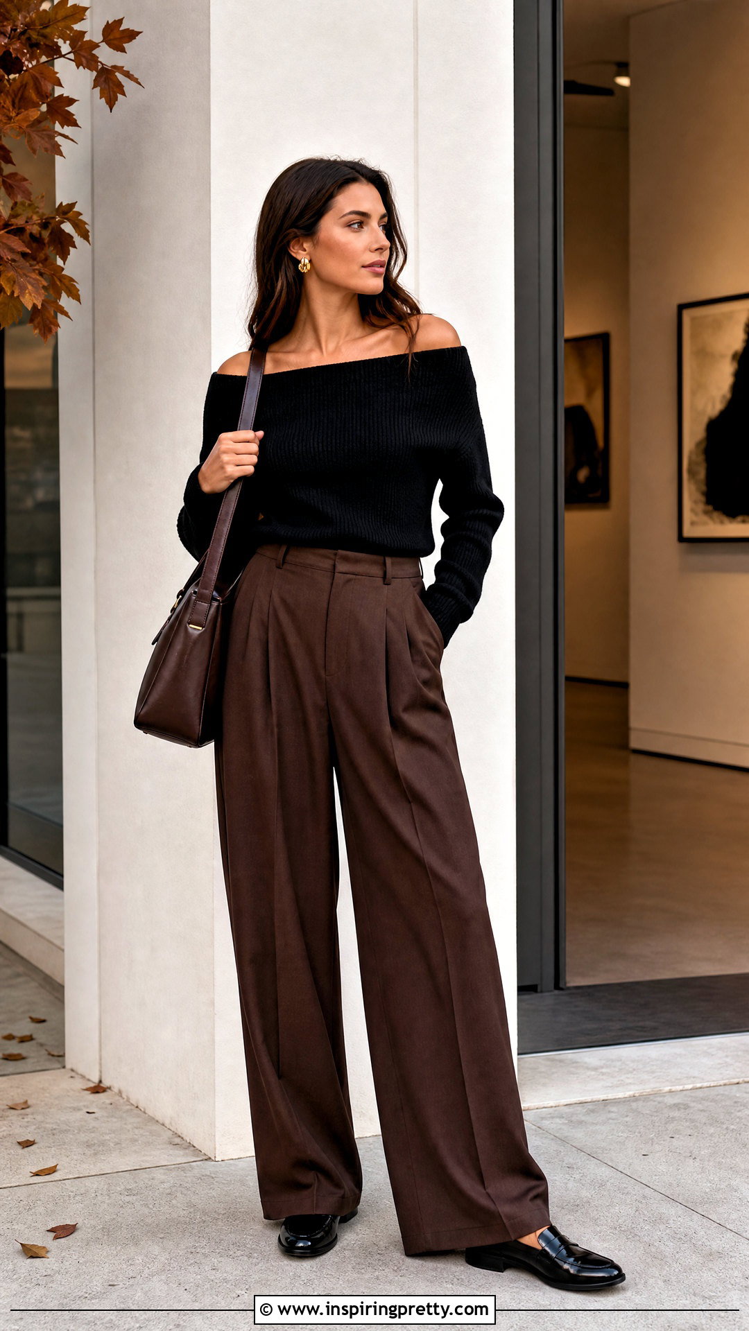 Black Off The Shoulder Top With Brown Trousers - 50 black off the shoulder top outfit ideas