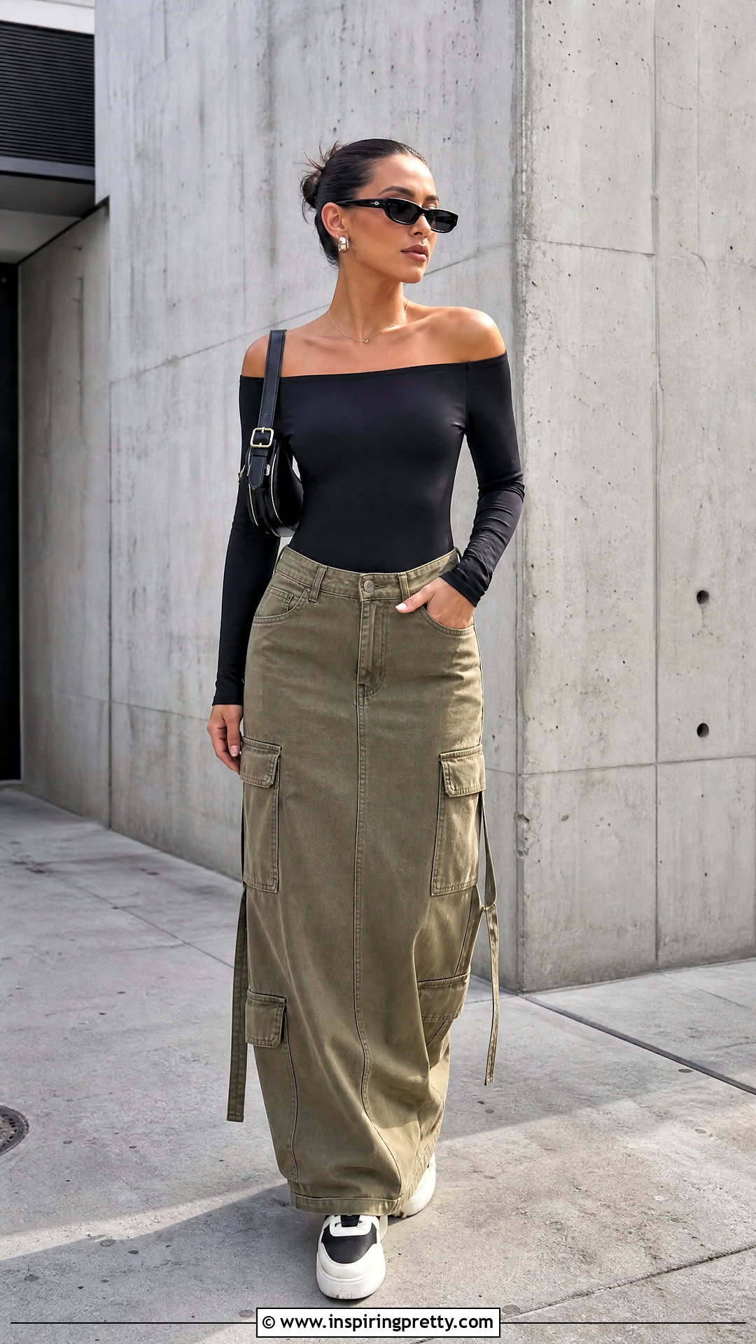 Black Off The Shoulder Top With Cargo Maxi Skirt - 50 black off the shoulder top outfit ideas