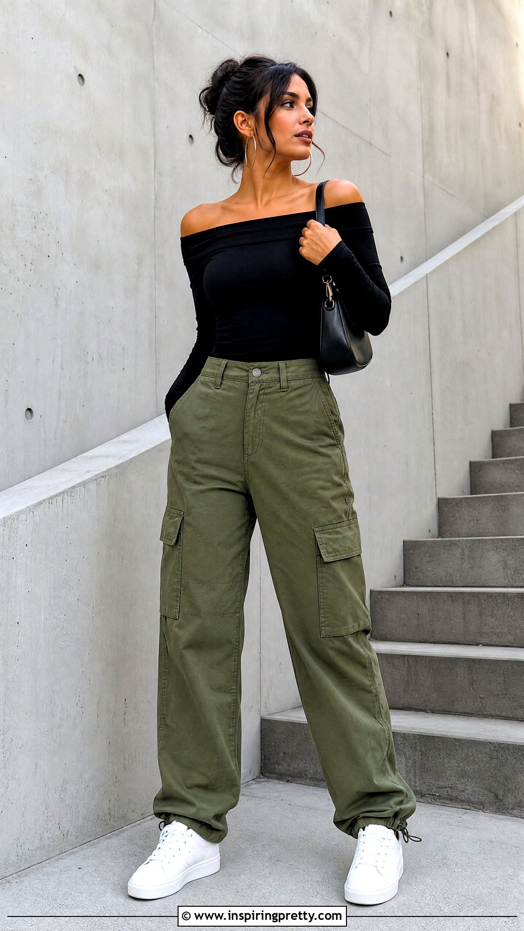 Black Off The Shoulder Top With Cargo Pants - 50 black off the shoulder top outfit ideas
