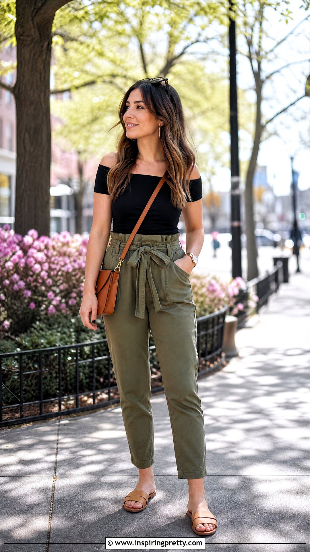Black Off The Shoulder Top With Olive Pants - 50 black off the shoulder top outfit ideas