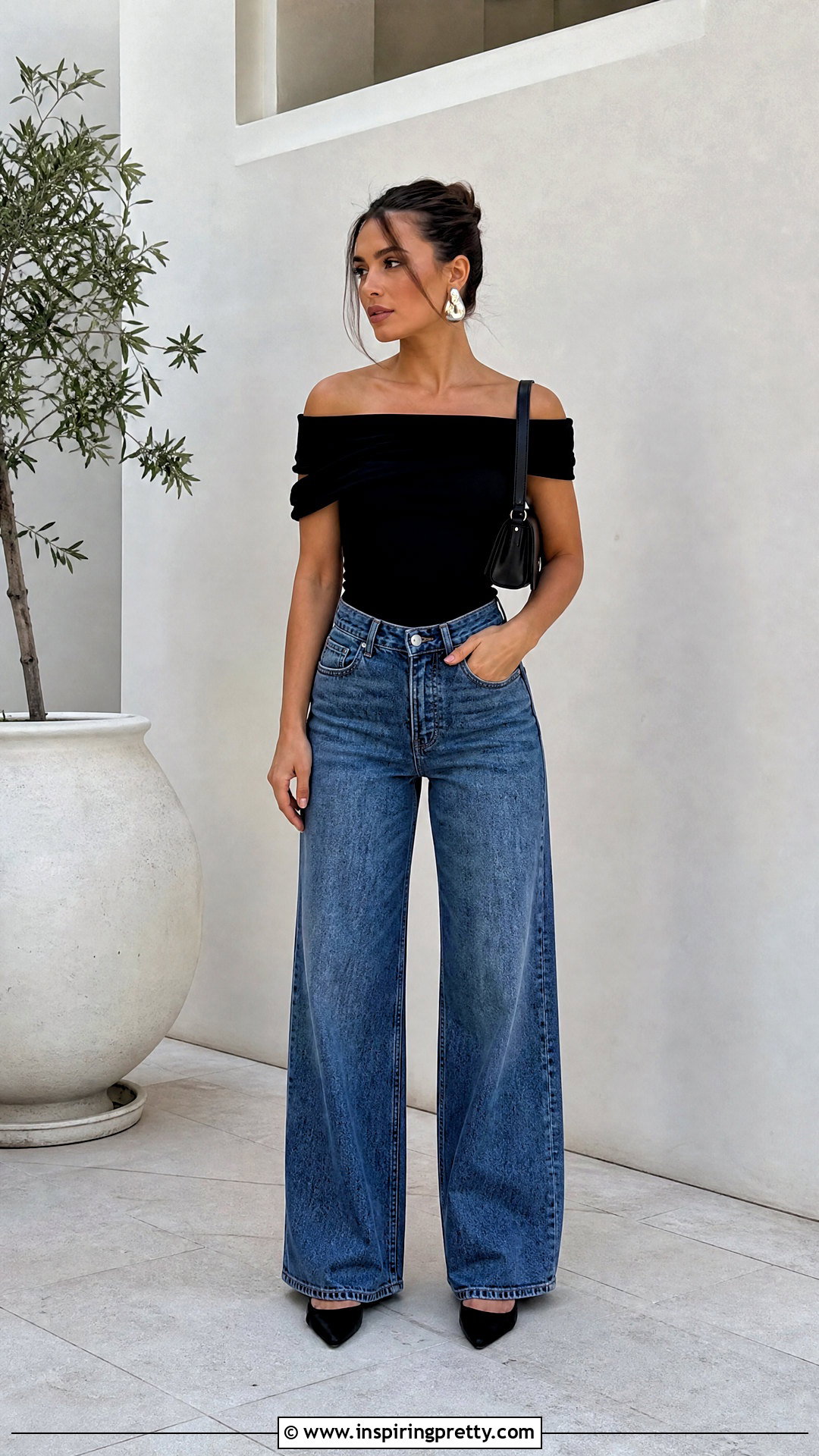 Black Off the Shoulder Top With Wide Leg Jeans - 50 cute tops for women