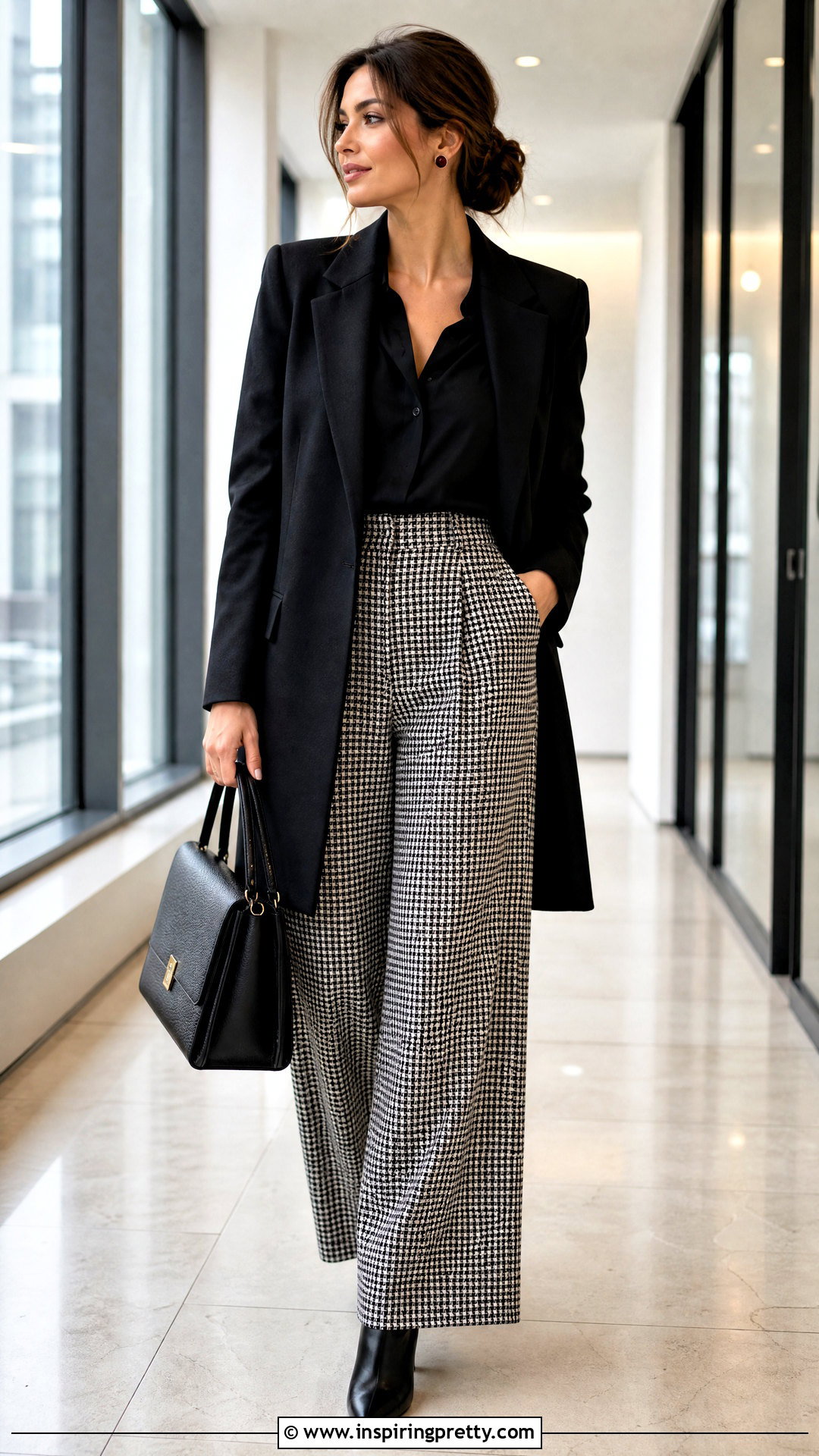 Black Office Blouse With Houndstooth Pants - 50 office tops blouses work wear ideas