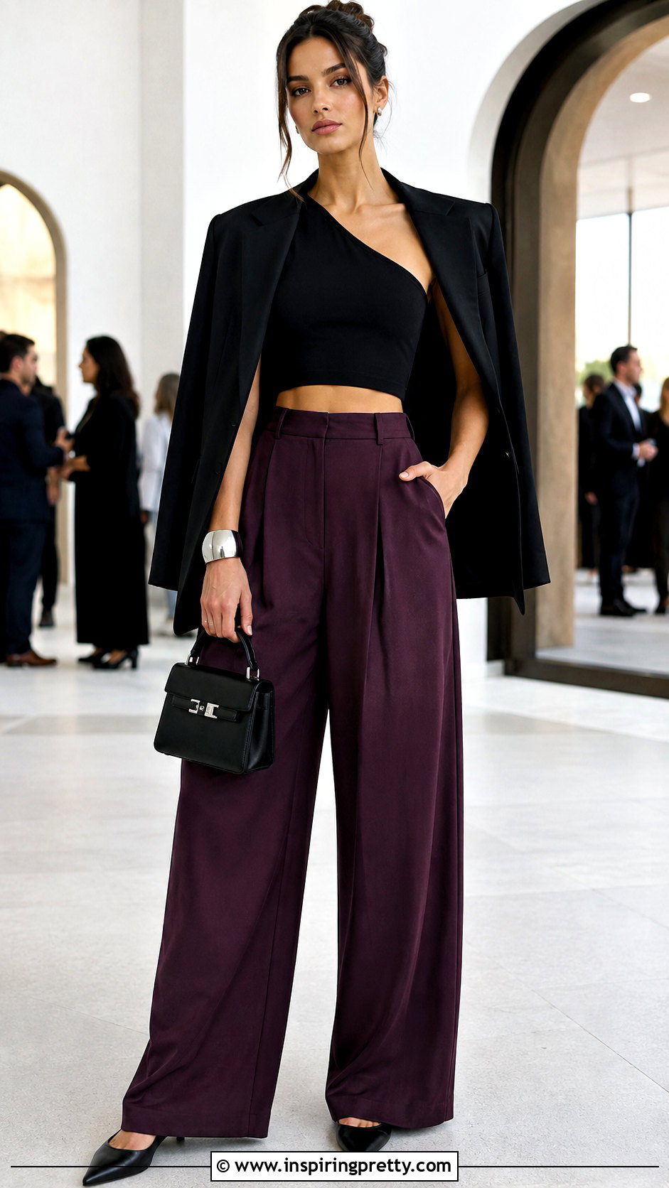 Black One Shoulder Crop Top With Plum Trousers - 25 Black And Purple Crop Top outfit ideas