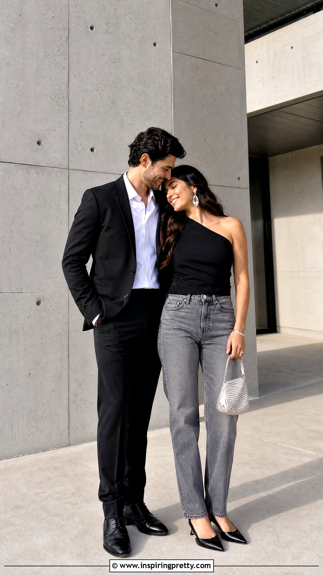 Black One Shoulder Top And Gray Jeans Engagement Outfit - 25 black top and jeans engagement photos
