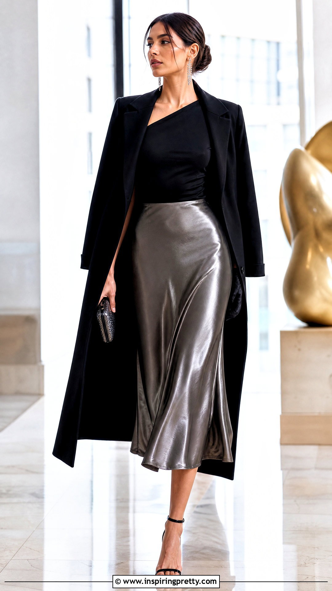 Black One Shoulder Top And Metallic Midi Skirt Outfit - 50 black top and skirt outfits
