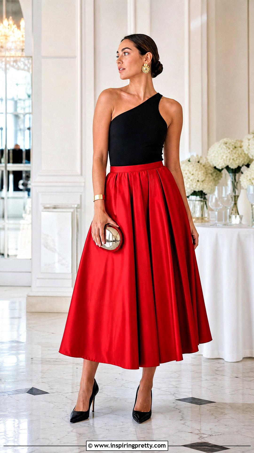 Black One Shoulder Top Red Full Skirt Outfit - 20 black top red skirt outfits