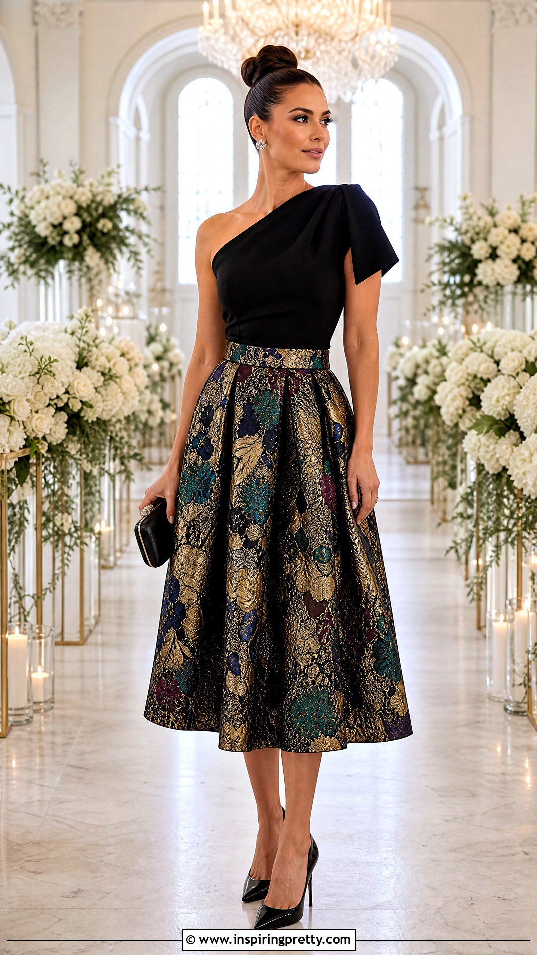 Black One Shoulder Top With Jacquard Skirt - 25 One Shoulder Top Wedding Outfit ideas