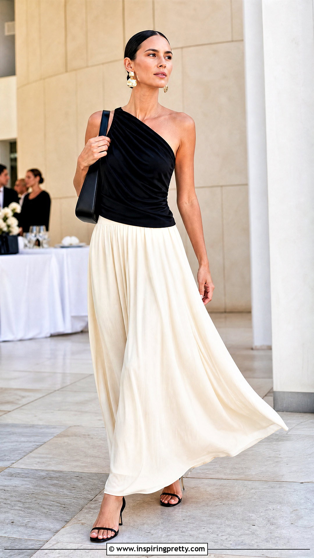 Black One Shoulder Top With Maxi Skirt - 50 black top outfit ideas