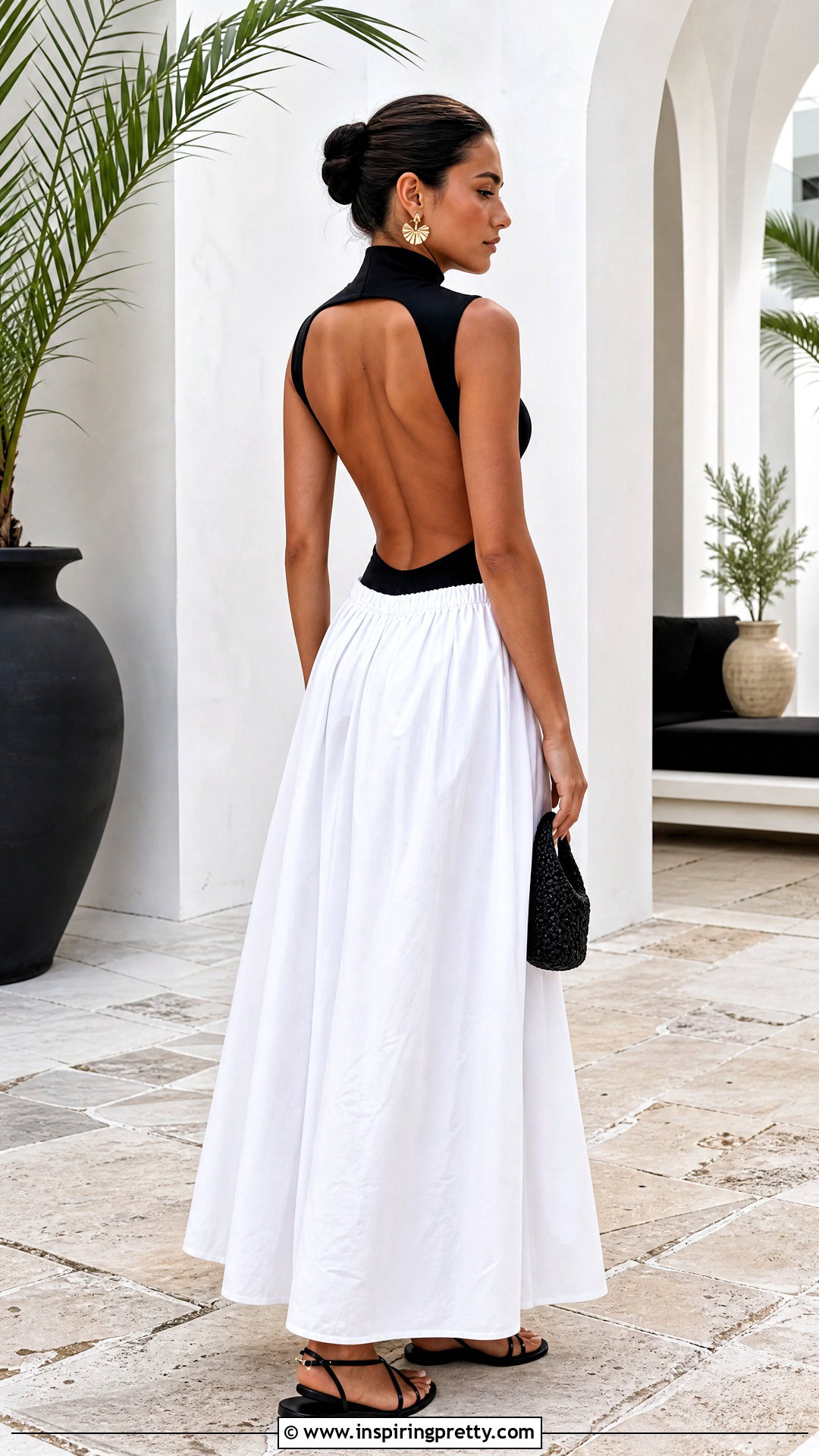 Black Open Back Top With A White Maxi Skirt - 50 open back top outfit ideas