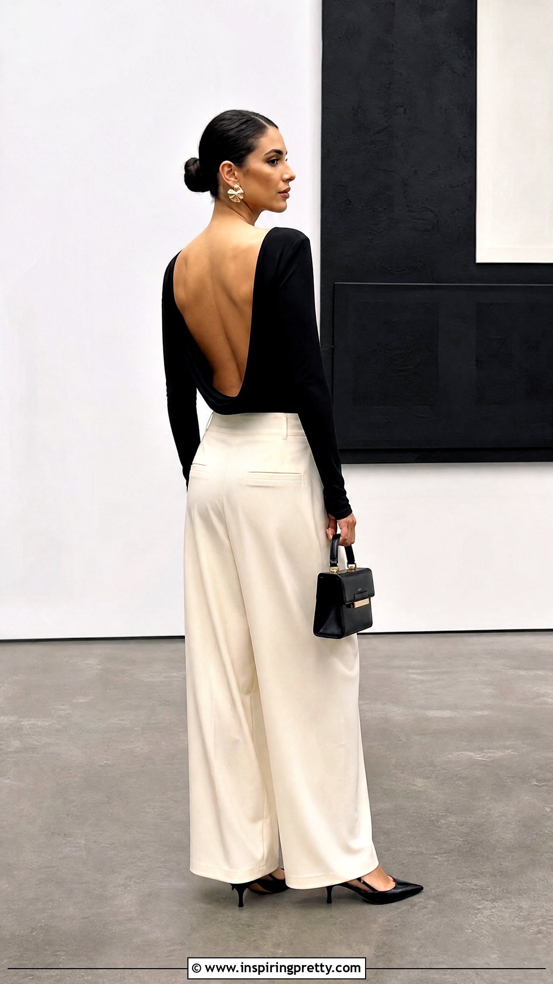 Black Open Back Top With Wide Leg Trousers - 50 open back top outfit ideas