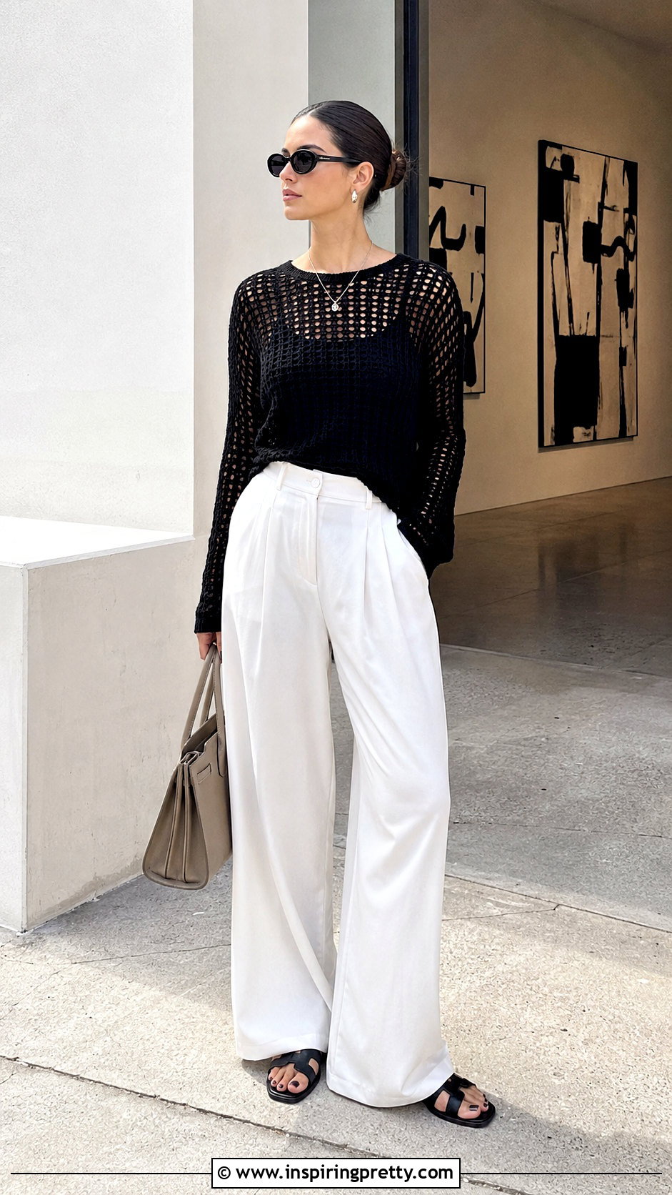 Black Open Knit Top With White Pants - 50 knitted summer tops outfit ideas