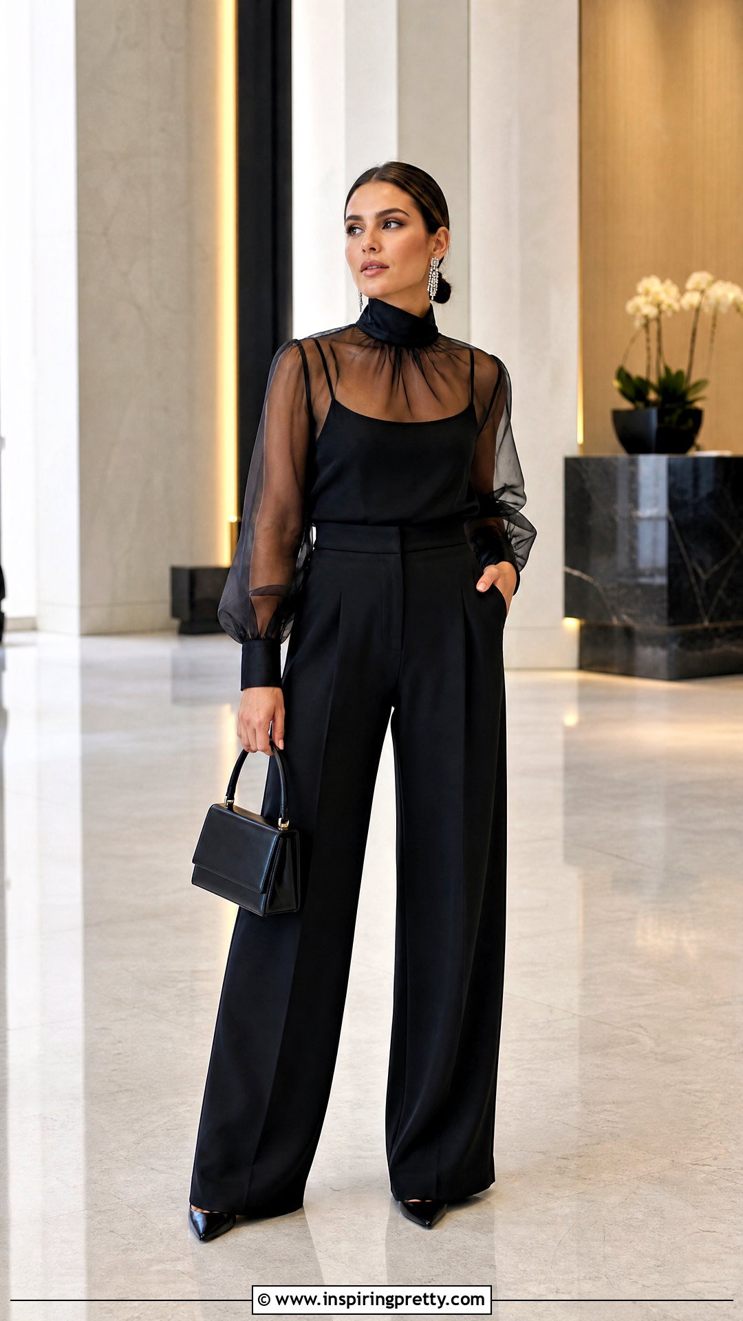 Black Organza Top With Tailored Trousers - 50 organza tops outfit ideas