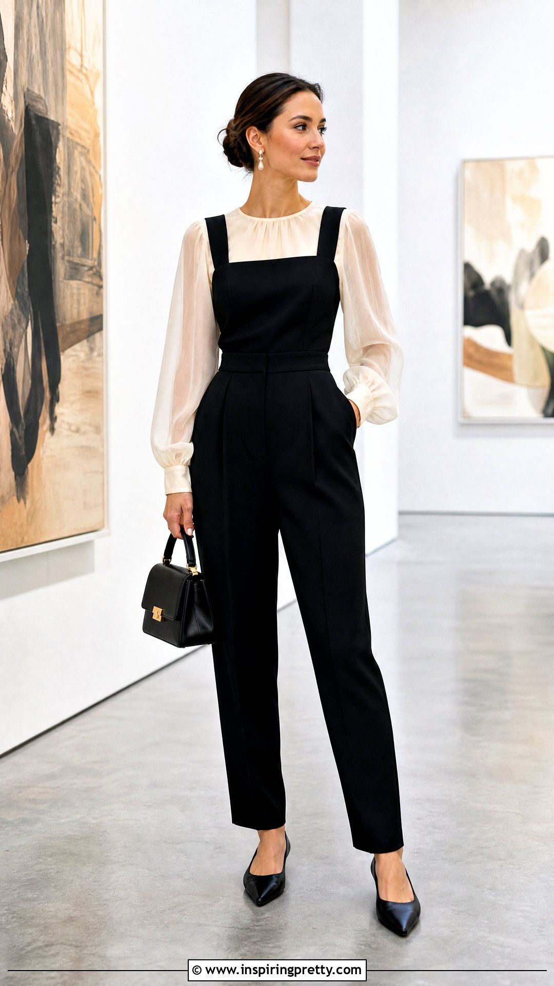 Black Overalls With Sheer Sleeve Blouse - 25 Overall Top Shirt outfit ideas