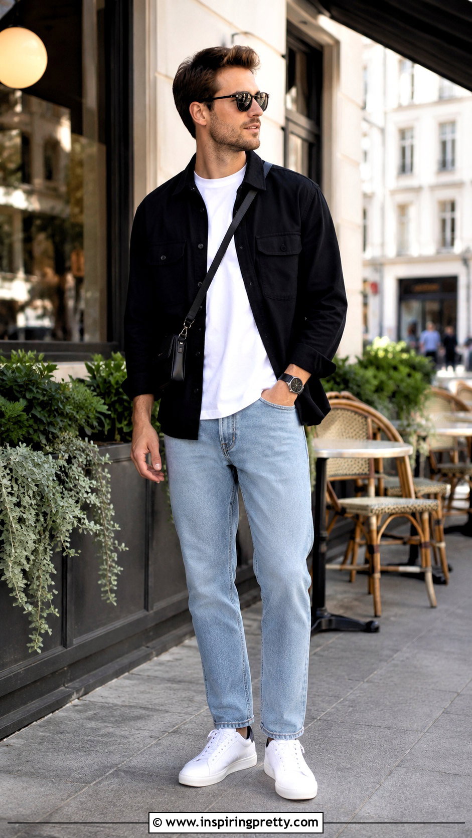 Black Overshirt Outfit With Light Blue Jeans And Sneakers - 20 Light Blue Jeans Black Top Men