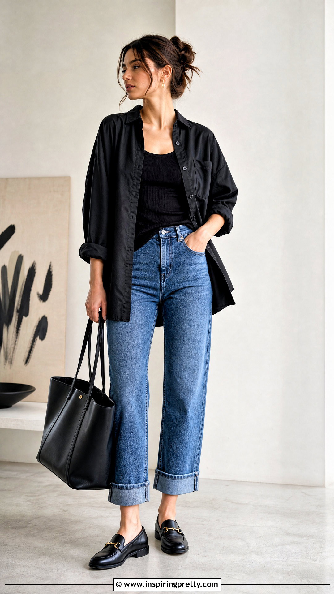 Black Oversized Shirt With Cropped Blue Jeans - 50 blue jeans black top outfit ideas