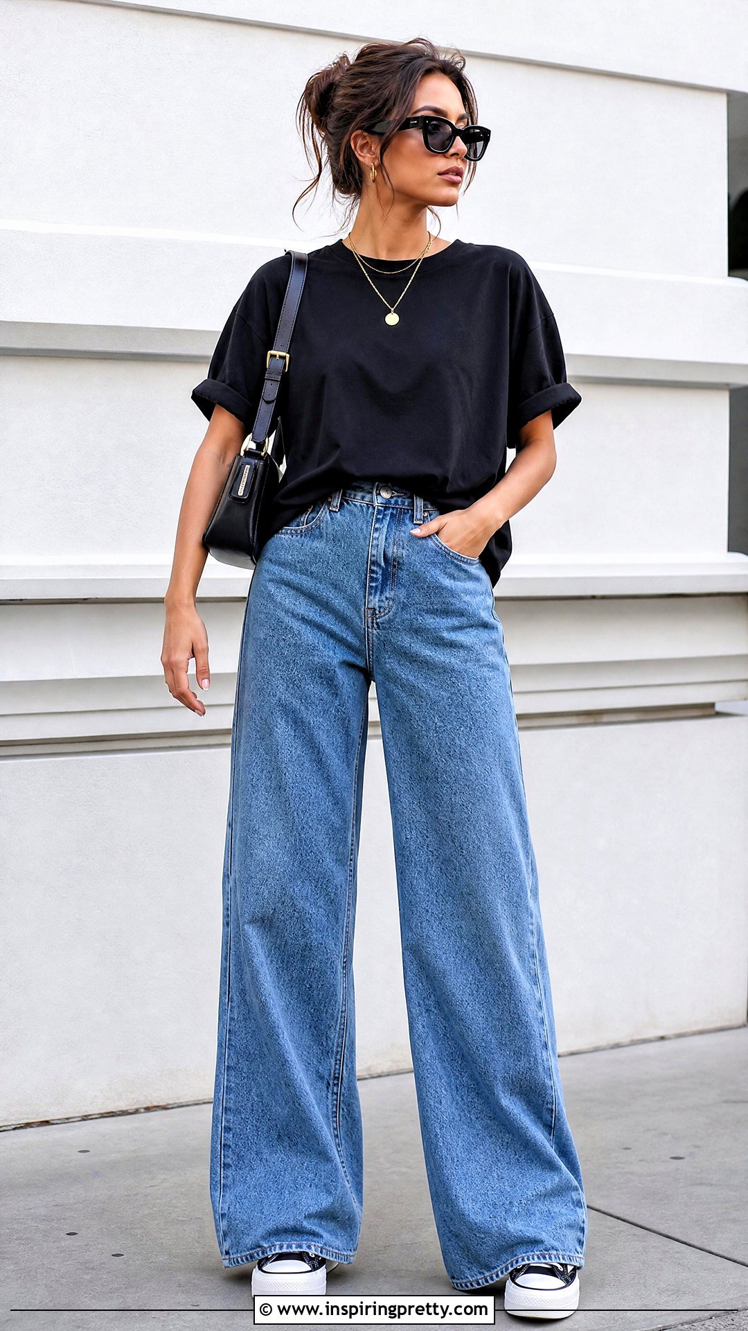 Black Oversized T Shirt And Wide Leg Jeans Outfit - 50 black top and jeans outfit ideas