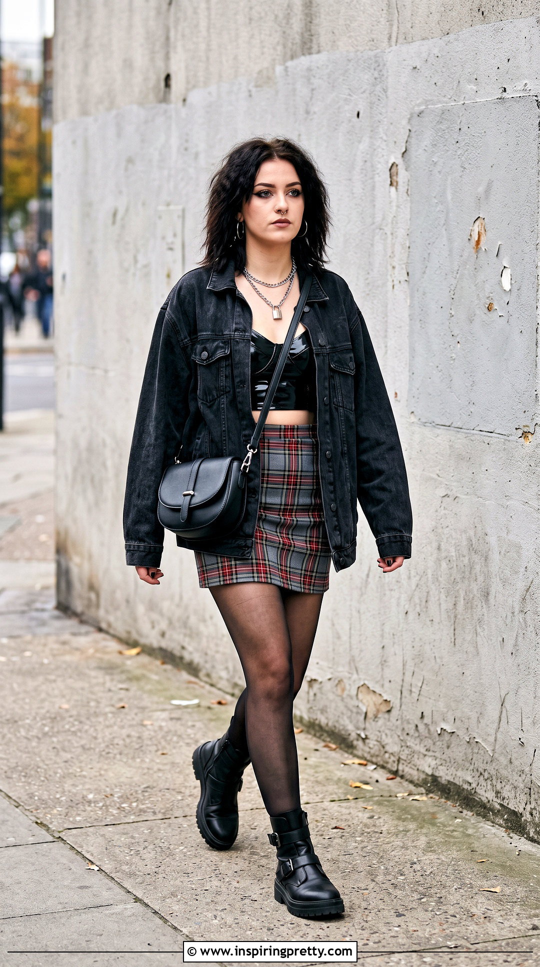 Black PVC Crop Top With Plaid Mini Skirt - 20 pvc crop top outfit ideas