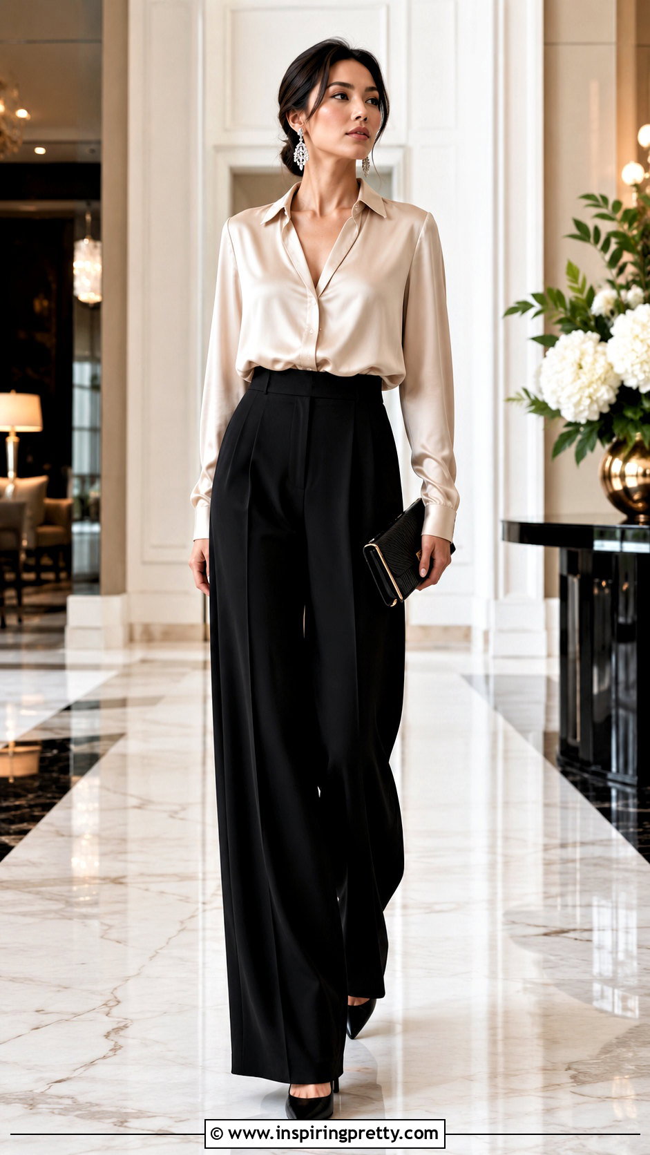 Black Palazzo Pants With Satin Blouse - 20 pallazo and tops outfit ideas