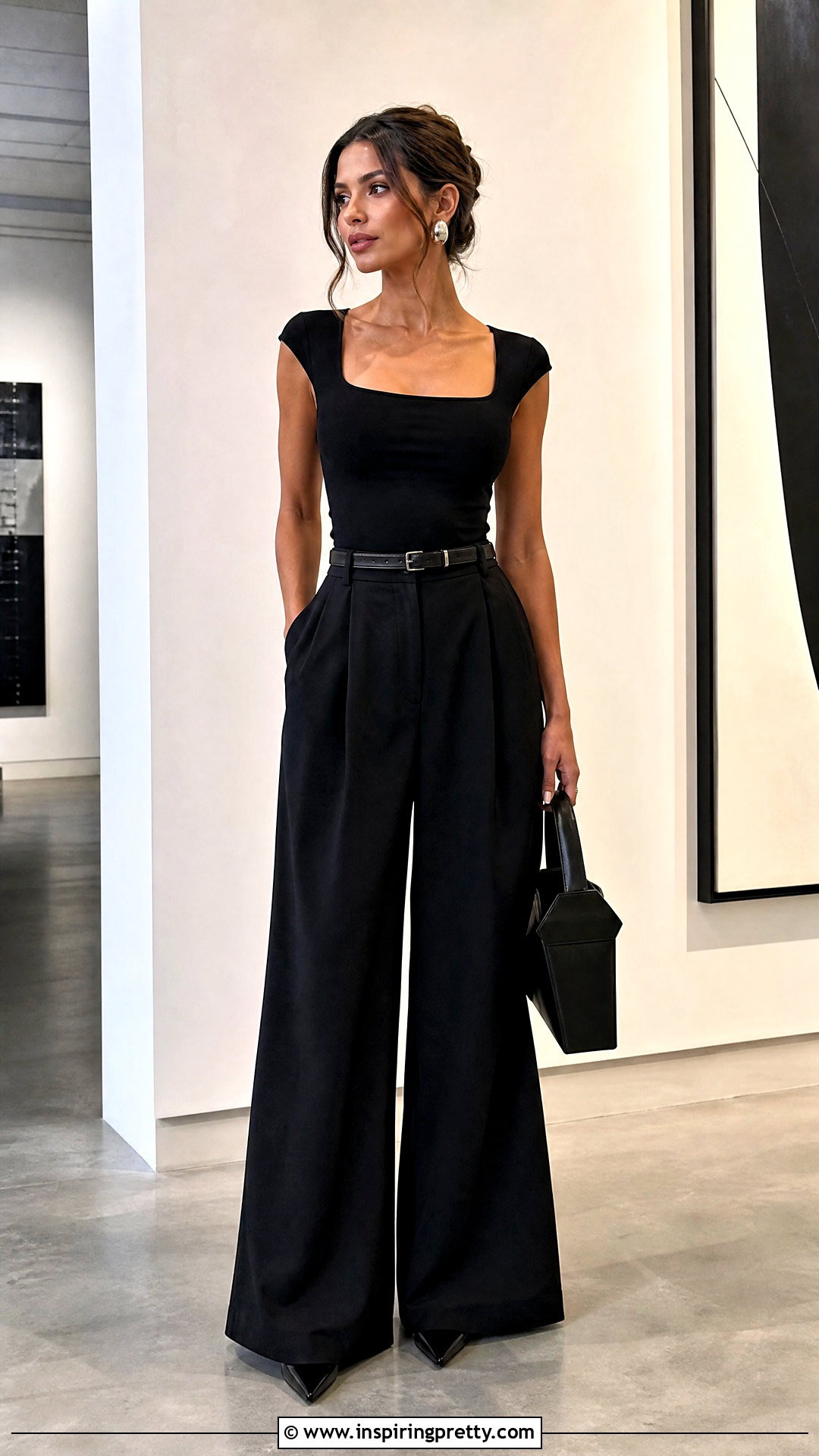 Black Palazzo Trousers With Black Fitted Top - 50 palazzo trouser and top outfit ideas