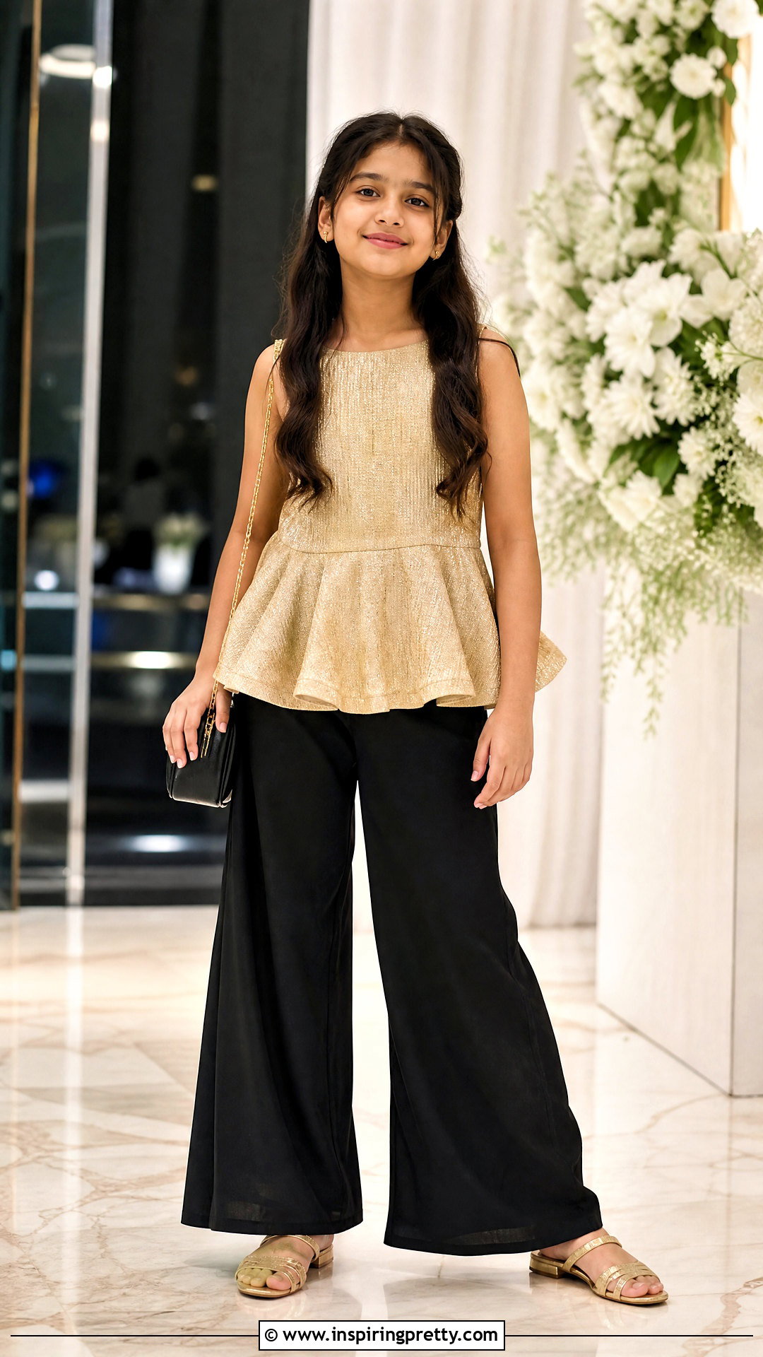 Black Palazzo With Gold Peplum Top - 50 kids plazo with tops