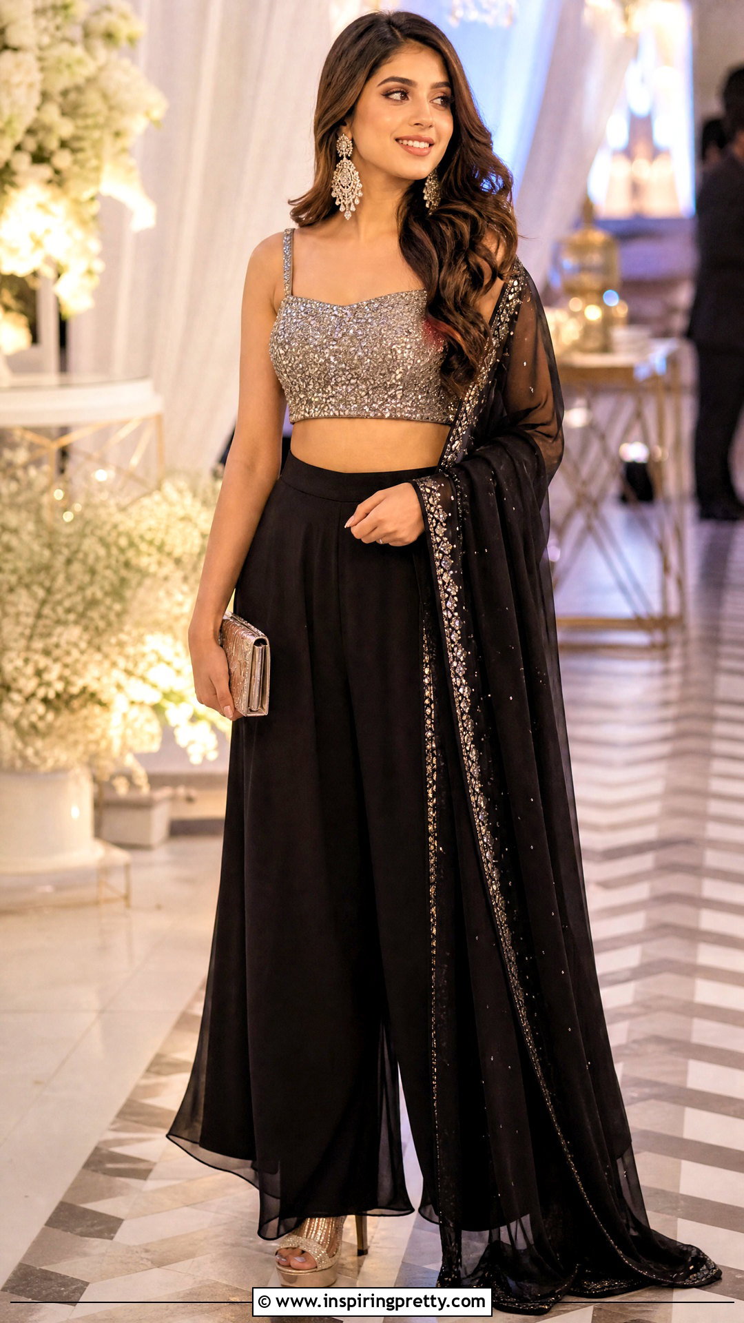 Black Palazzo With Sequin Crop Top And Dupatta - 20 plazzo with crop top and dupatta outfit ideas