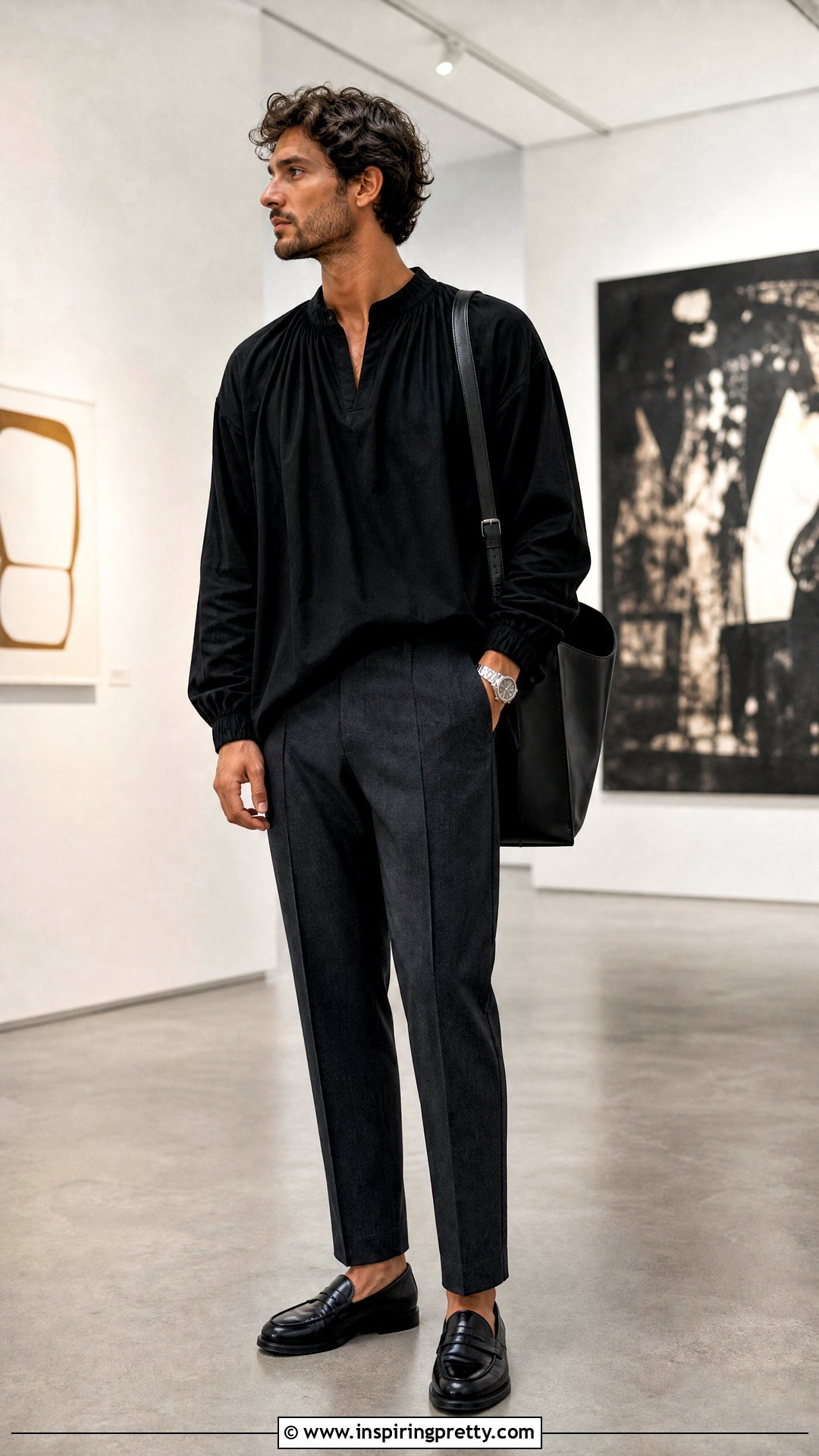 Black Peasant Top Men Outfit With Gray Trousers - 25 Peasant Top Men outfit ideas