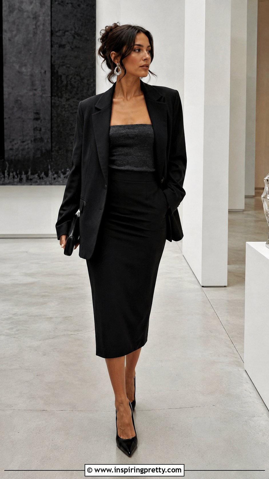 Black Pencil Midi Skirt And Gray Tube Top Outfit - 25 Midi Skirt And Tube Top Outfit ideas
