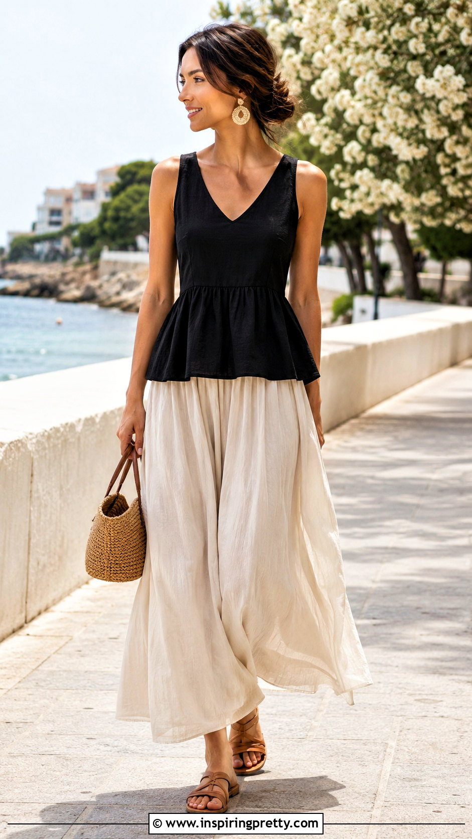 Black Peplum Top With Cream Maxi Skirt - 20 Black Peplum Top Summer outfits