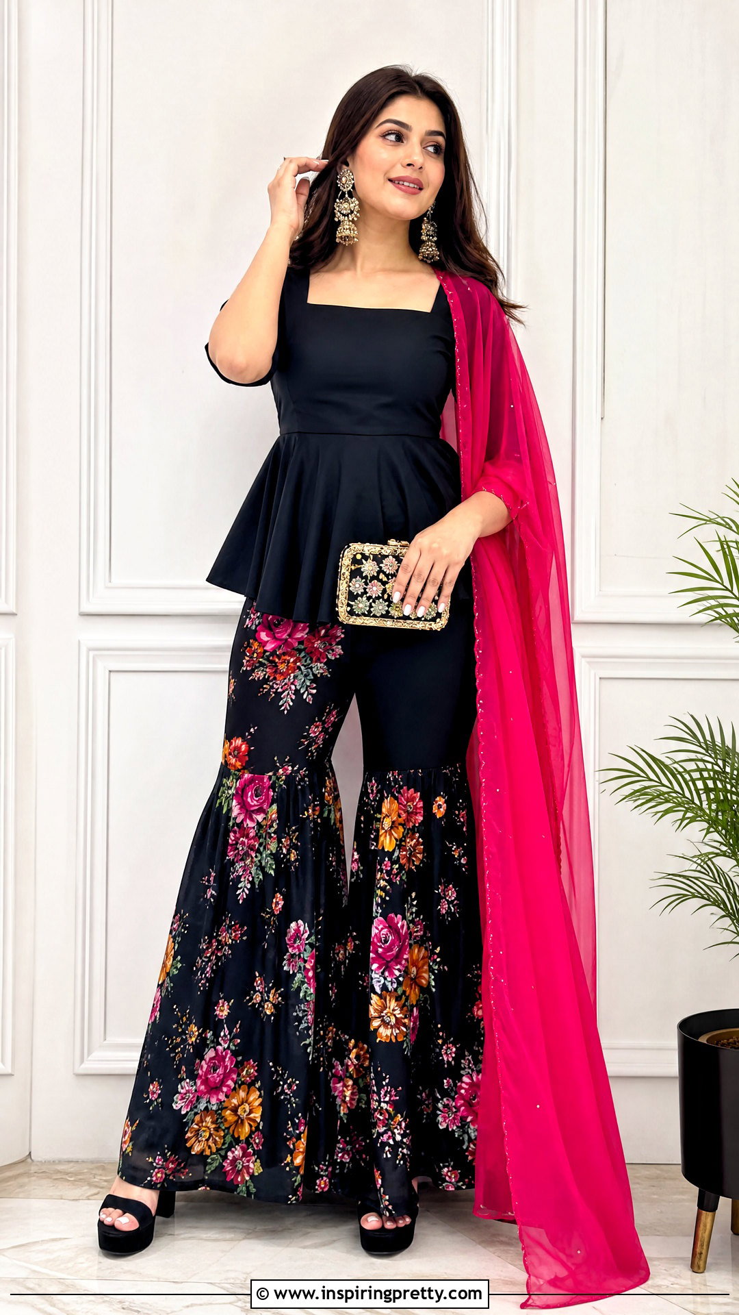 Black Peplum Top With Floral Sharara - 50 peplum top with sharara outfit ideas