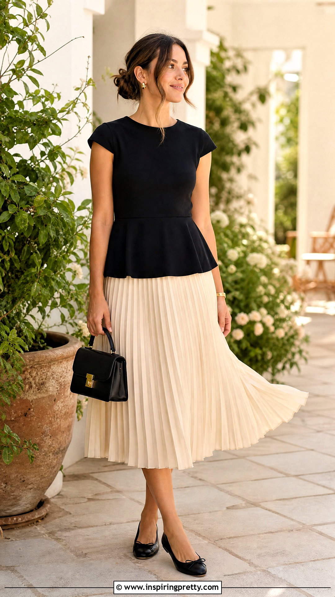 Black Peplum Top With Pleated Midi Skirt - 20 black peplum top on hanger outfit ideas