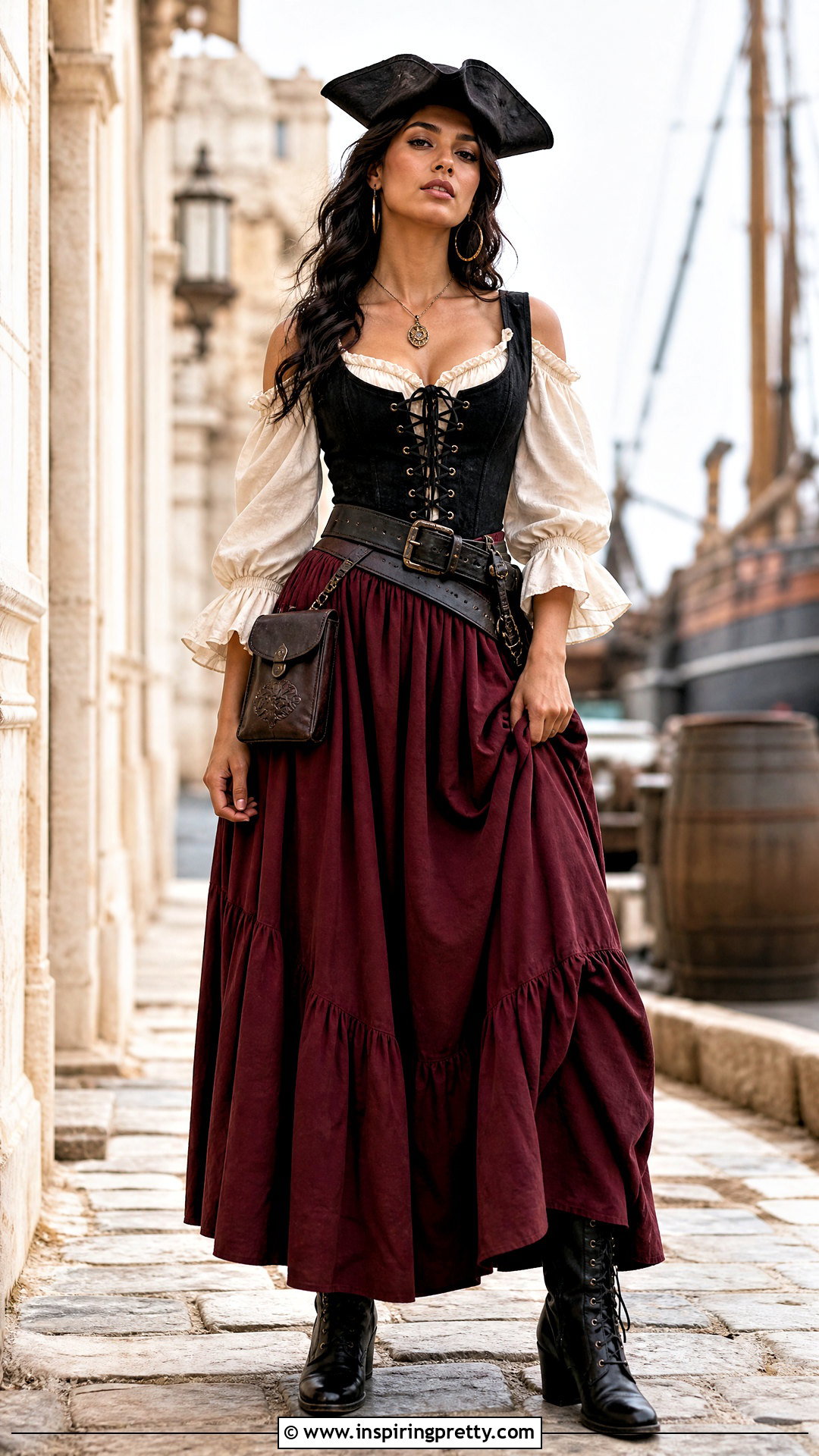 Black Pirate Bodice With Burgundy Skirt - 25 female pirate top outfit ideas