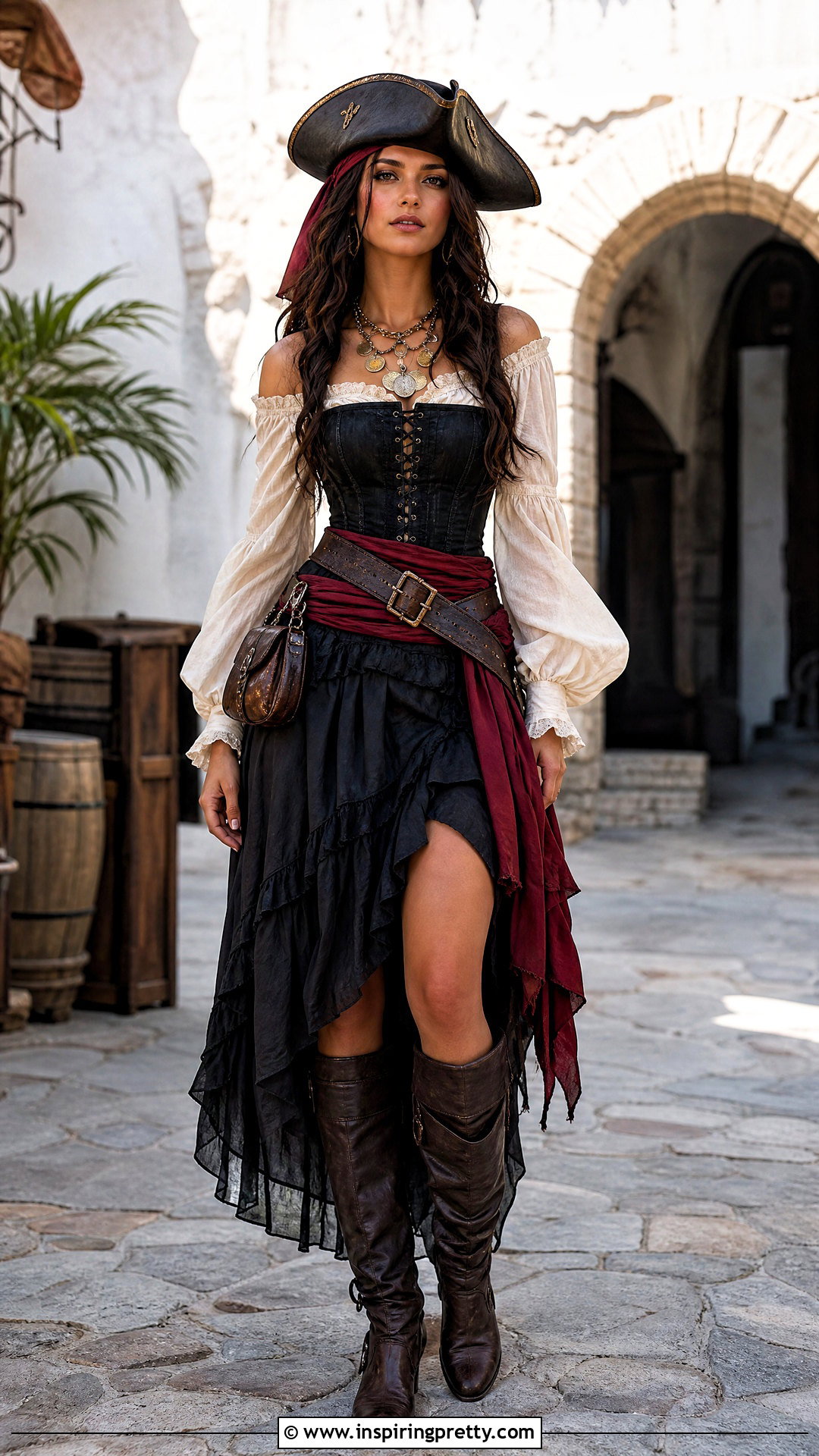 Black Pirate Corset Dress With Boots - 25 female pirate top outfit ideas