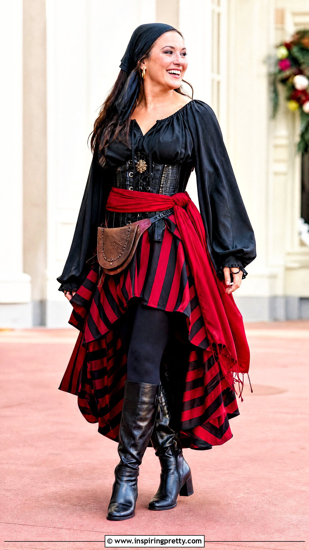 Black Pirate Shirt With Red Striped Skirt - 25 female pirate top outfit ideas