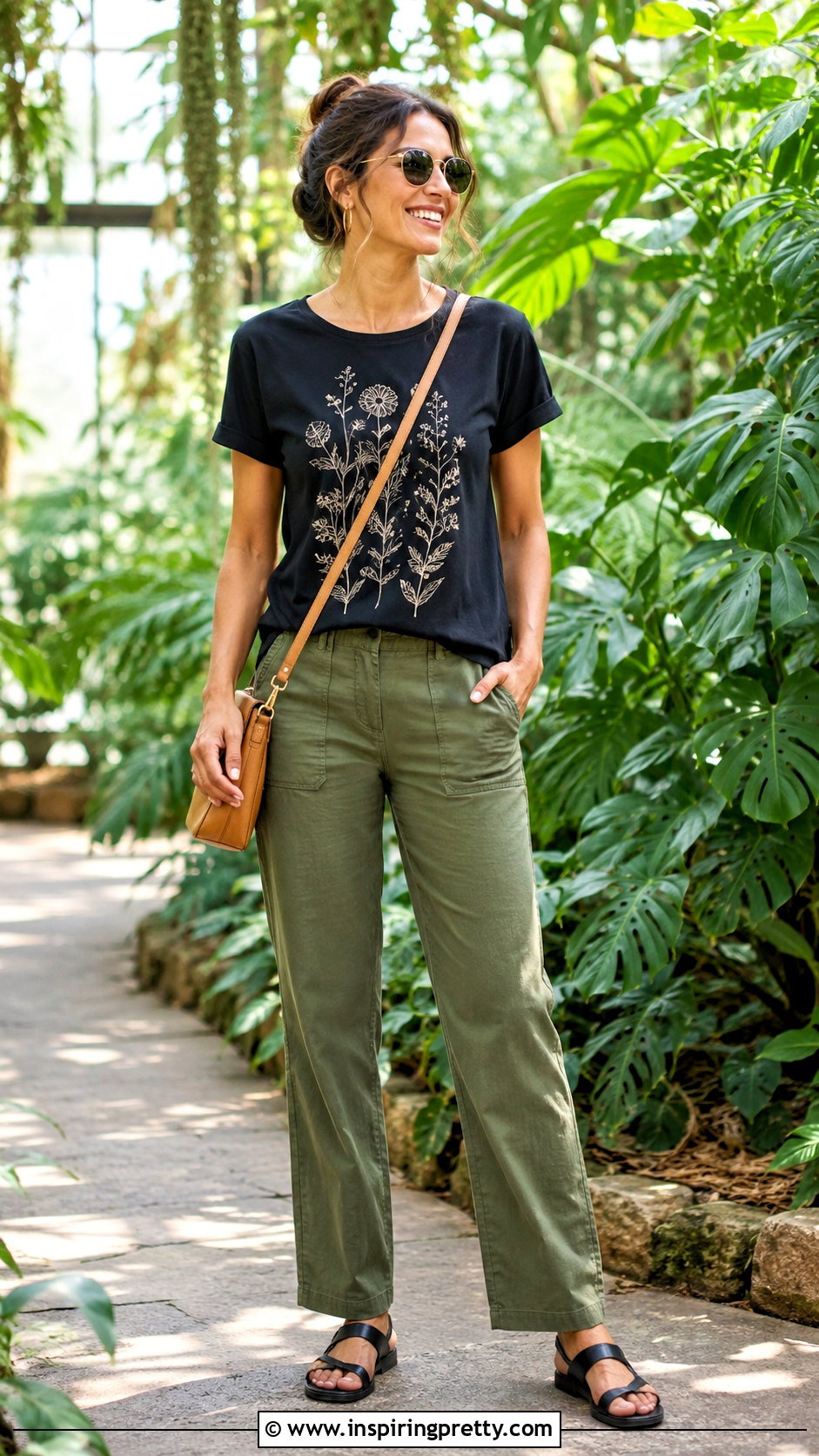 Black Plant Print Tee With Green Pants - 50 shein tops codes