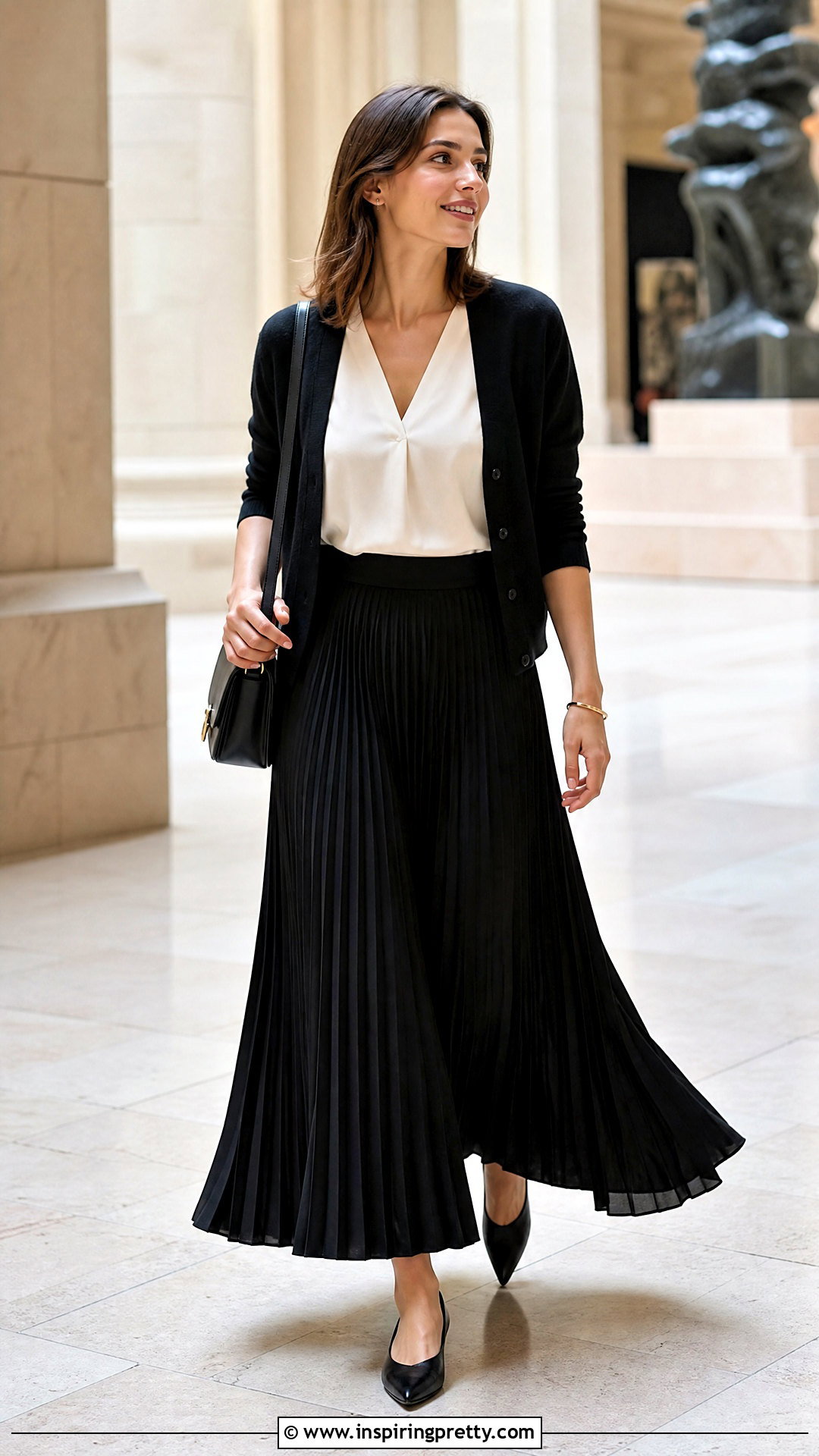Black Pleated Maxi Skirt And White Blouse Outfit - 50 Black Skirt And White Top Outfit ideas