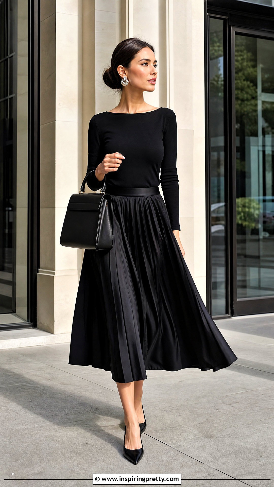 Black Pleated Skirt With Black Fitted Top - 50 pleated skirt and top outfit ideas