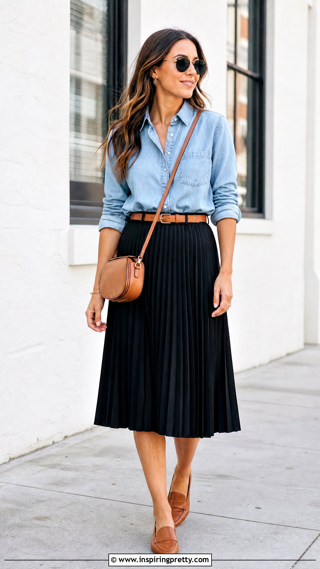 Black Pleated Skirt With Chambray Shirt - 50 pleated skirt and top outfit ideas