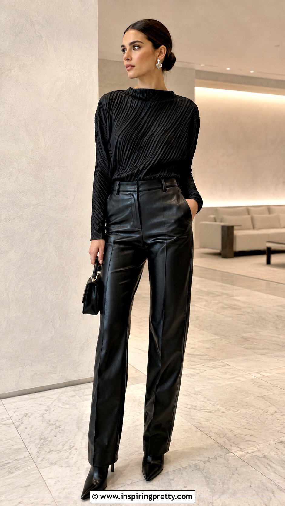 Black Plisse Top With Leather Pants - 25 black plisse top outfit ideas