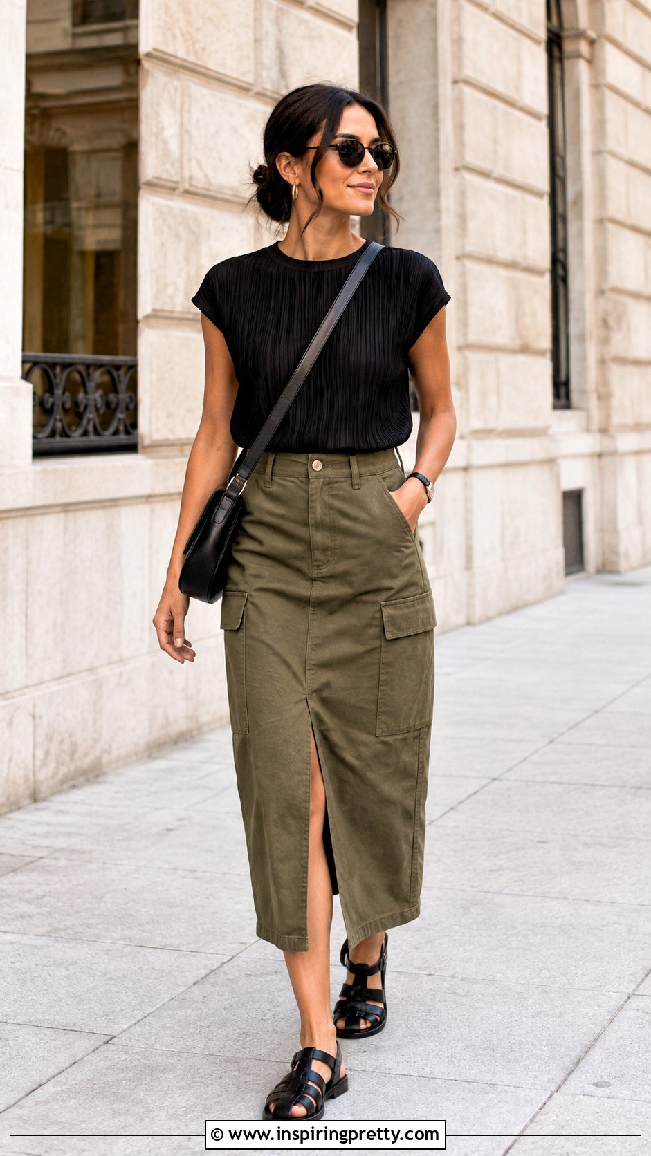 Black Plisse Top With Utility Midi Skirt - 25 black plisse top outfit ideas