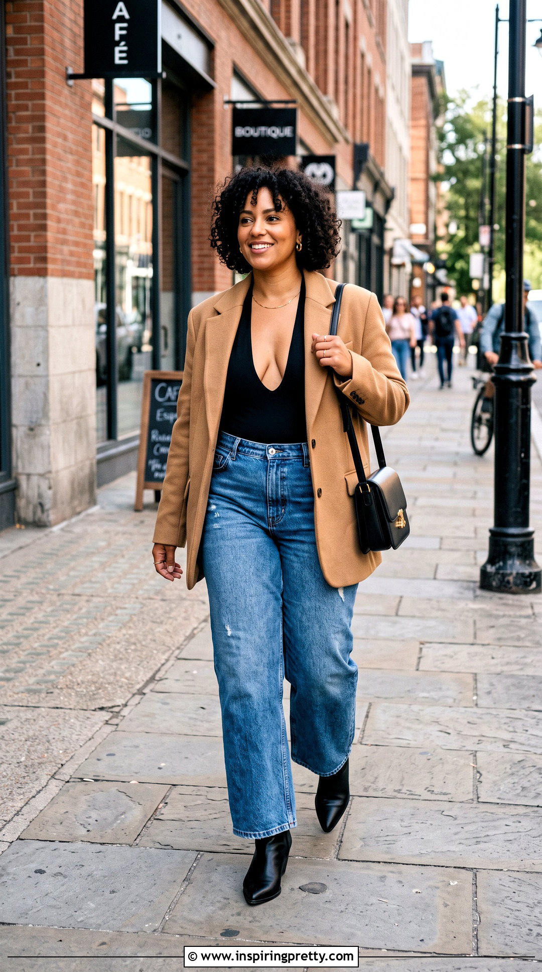 Black Plunge Bodysuit With Wide Leg Jeans - 25 cute cleavage tops outfit ideas